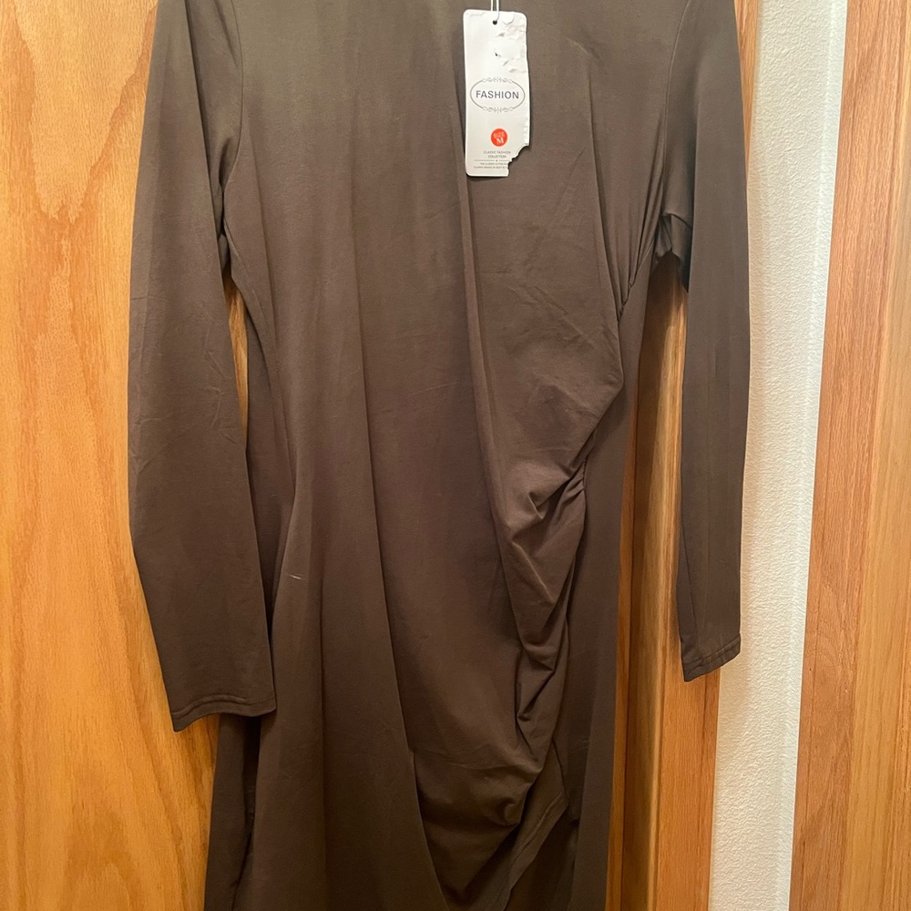 Women's Long Sleeve Olive Green Twist Front Dress